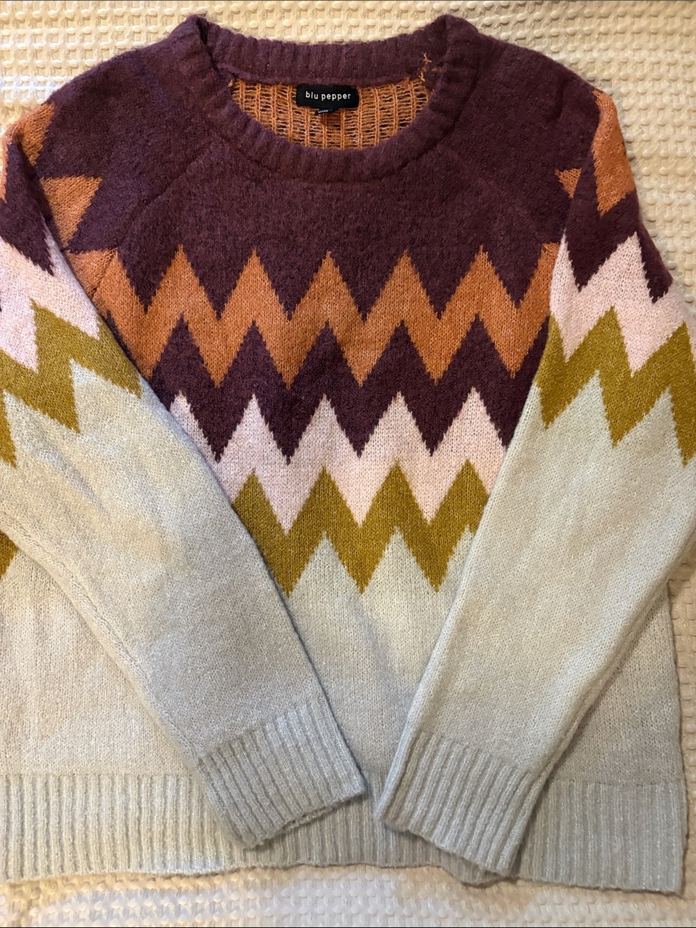 Blu Pepper Zigzag Crewneck Sweater in Cream, Burgundy, Rust, Olive, Blush